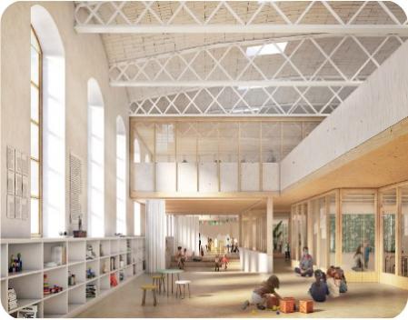 Los equipamientos de la plaza de Glòries servirán para darle contenido al gran jardín que aporta una nueva centralidad en el área más próxima al Besòs. En la imagen la futura escuela Gaià, en la antigua fábrica de Paraigües que será rehabilitada